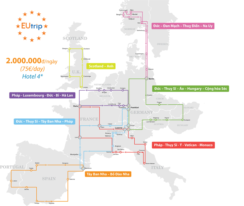 Bản đồ du lịch Châu Âu hành trình 75Euro/ngày - EU trip